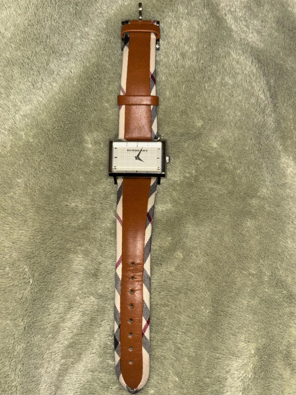 Burberry Brown Leather & Beige Plaid Rectangular Watch